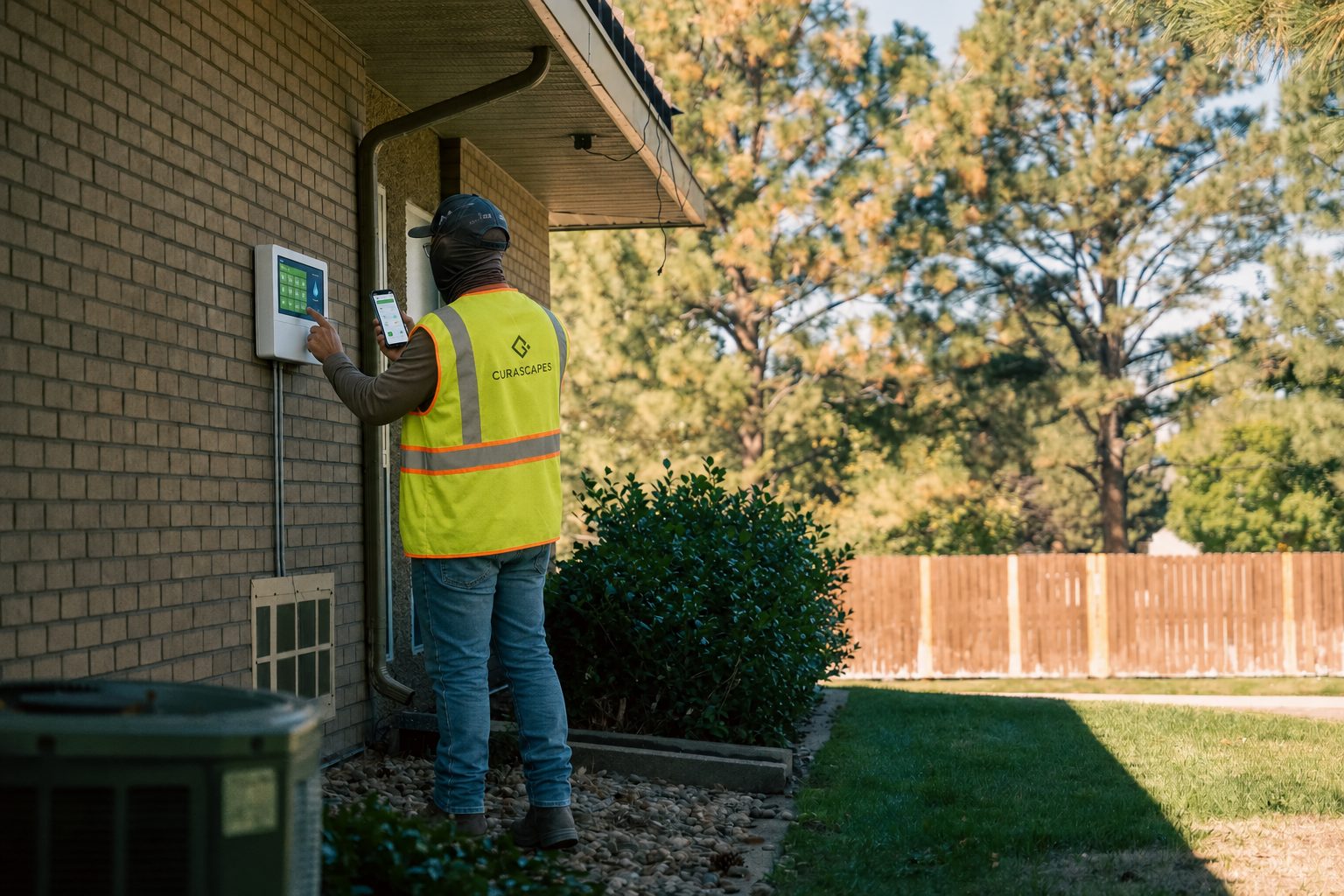 Curascapes technician setting up a wall-mounted smart sprinkler controller with a phone